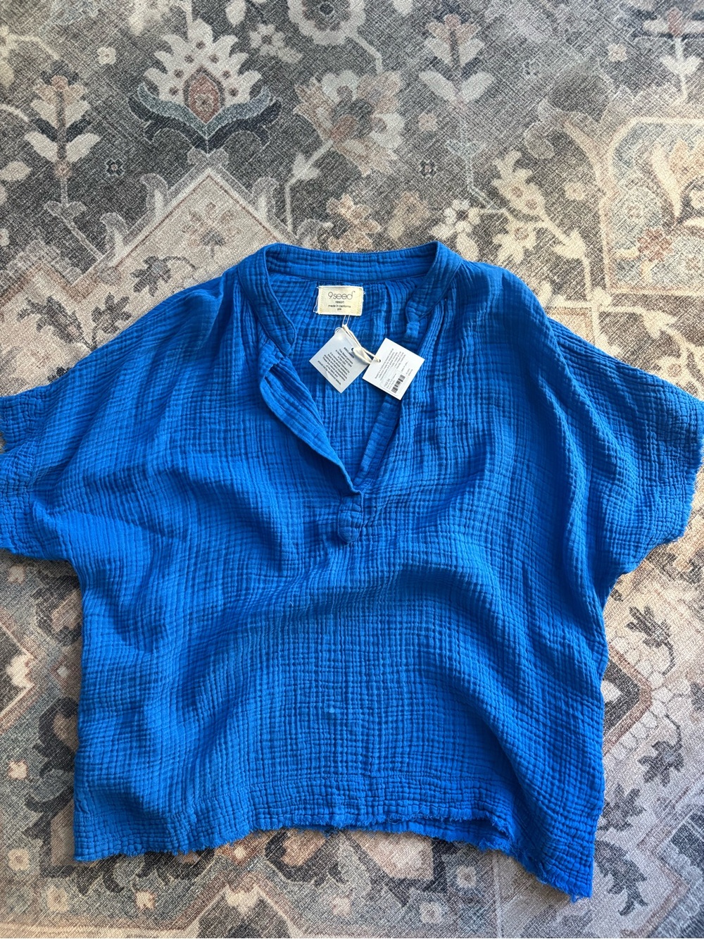 9Seed Barritz Puff sleeve cotton gauze tunic top in Pacific blue NWT